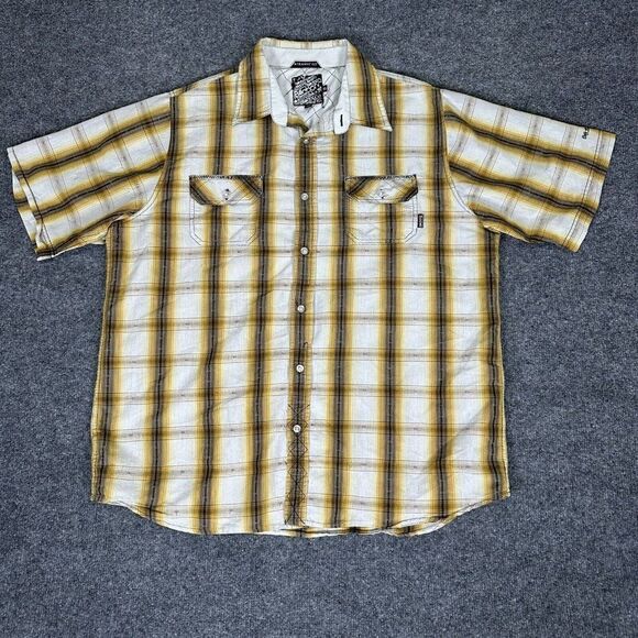 Billabong Shirt Mens XL Yellow Plaid Short Sleeve Straight Fit Pockets Adult - Picture 1 of 6
